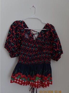 Women’s Navy Cherry Print Smocked Peasant Blouse